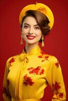 AI generated Studio portrait of happy young european woman wear traditional chinese costume on red background. Happy chinese new year photo