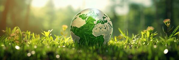 AI generated Eco Friendly Earth on Green Nature Bokeh Background. Planet Globe Earth for Nature Protection, Earth Day, World Environment Day, Save th World. Zero Carbon Dioxide Emissions photo