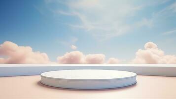 AI generated Empty podium for cosmetic presentation, blue scene for product exhibition, display, showcase. Cloudy blue sky background photo