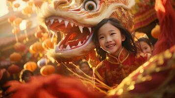 AI generated Happy Asian Kid Celebrating Chinese New Year Outdoors photo