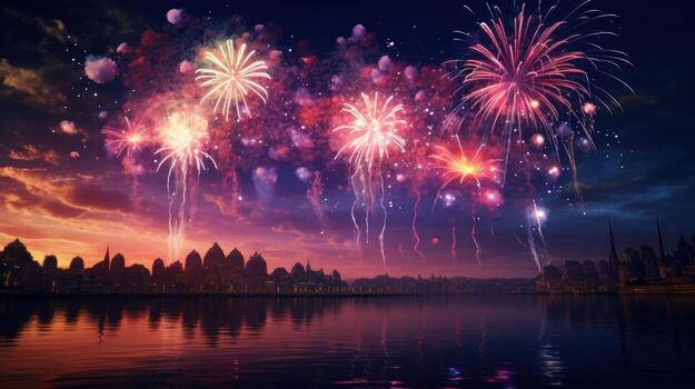AI generated Wonderful colorful fireworks exploding on night sky backgroundwith free space for design, Happy new year or holiday celebration photo