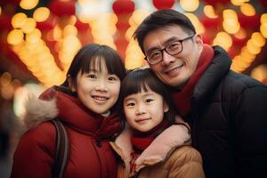 AI generated Happy Asian Family Celebrating Chinese New Year Outdoors photo