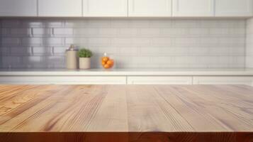 AI generated Empty wooden table in the kitchen for montage product display, showcase, presentation and design photo