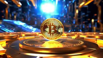 AI generated Golden bitcoin background. Cryptocurrency trading, Financial investment concept, Digital money blockchain technology photo