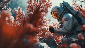 AI generated An astronaut exploring and researching a variety of plants on other planet. Science fiction, Space photo