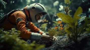 ai generado un astronauta explorador y investigando un variedad de plantas en otro planeta. Ciencias ficción, espacio foto