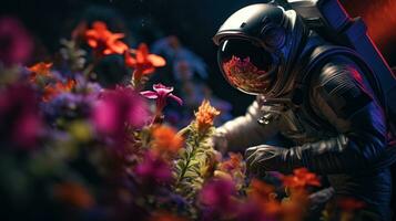 ai generado un astronauta explorador y investigando un variedad de plantas en otro planeta. Ciencias ficción, espacio foto