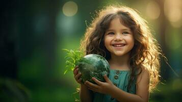 AI generated Happy Girl Hugging Planet Earth. Kid Embracing Globe Earth for World Protection, Earth Day, World Environment Day, Save th World. Zero Carbon Dioxide Emissions photo