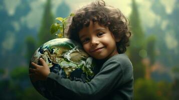 AI generated Happy Kid Hugging Planet Earth. Boy Embracing Globe Earth for World Protection, Earth Day, World Environment Day, Save th World. Zero Carbon Dioxide Emissions photo