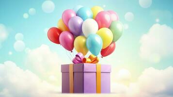 AI generated Gift box with colorful balloons on cloudy sky backgroud. Birthday anniversary, Party celebration photo