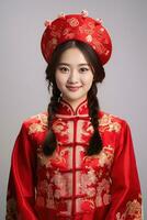 ai generado estudio retrato de contento joven asiático mujer vestir tradicional chino disfraz en blanco fondo, contento chino nuevo año. foto