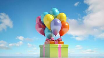 AI generated Gift box with colorful balloons on cloudy sky backgroud. Birthday anniversary, Party celebration photo