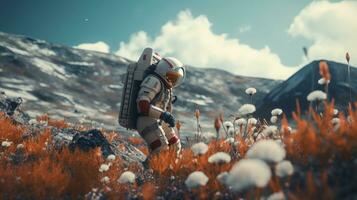 ai generado un astronauta explorador y investigando un variedad de plantas en otro planeta. Ciencias ficción, espacio foto