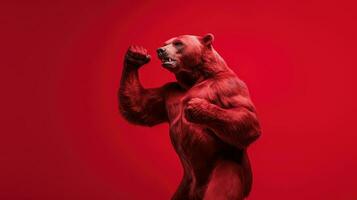 AI generated Muscle bear gesture fist pump, Bear showing fighting pose on red background, Bearish divergence in stock market and cryptocurrency trading photo
