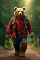 AI generated Bear wearing a red lumberjack shirt on green nature background photo