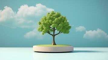 AI generated Tree growth on podium and standing on blue background. advertising design photo