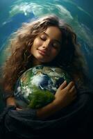 AI generated Happy Woman Hugging Planet Earth. Female Embracing Globe Earth for World Protection, Earth Day, World Environment Day, Save th World. Zero Carbon Dioxide Emissions photo