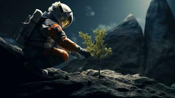 AI generated An astronaut plants a tree on moon. Science fiction, Space exploration photo