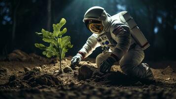 AI generated An astronaut plants a tree on moon. Science fiction, Space exploration photo