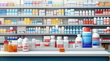 AI generated Pharmacy drugstore retail. Healthcare products, Medicine, Drugs, Vitamins, Wellness photo