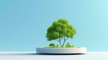 AI generated Tree growth on podium and standing on blue background. advertising design photo