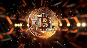 AI generated Golden bitcoin background. Cryptocurrency trading, Financial investment concept, Digital money blockchain technology photo