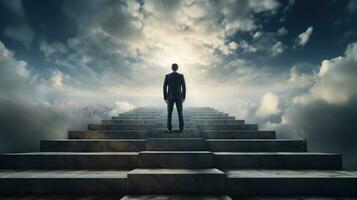 AI generated Businessman standing on top of stair cloudy sky background. Business goal and success concept, achievement, leadership photo