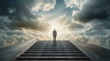 AI generated Businessman standing on top of stair cloudy sky background. Business goal and success concept, achievement, leadership photo