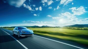 AI generated Electric vehicle car or EV car driving on the road green nature and blue sky background. Sustainable and renewable energy concept photo