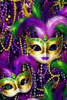 ai generado mardi hierba, veneciano o carnaval máscara púrpura antecedentes. carnaval festival, tradicional decoración, simbólico colores foto