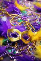 AI generated Mardi gras, venetian or carnival mask purple background. Carnival festival, Traditional decoration, Symbolic colors photo