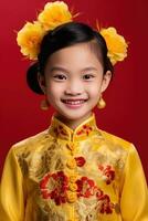 AI generated Studio portrait of happy asian girl wear traditional chinese costume on red background, Happy chinese new year. photo