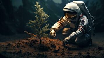 AI generated An astronaut plants a tree on moon. Science fiction, Space exploration photo