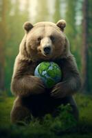 AI generated Bear Hugging Embracing Planet Globe Earth for Nature Protection, Earth Day, World Environment Day, Save th World. Zero Carbon Dioxide Emissions photo