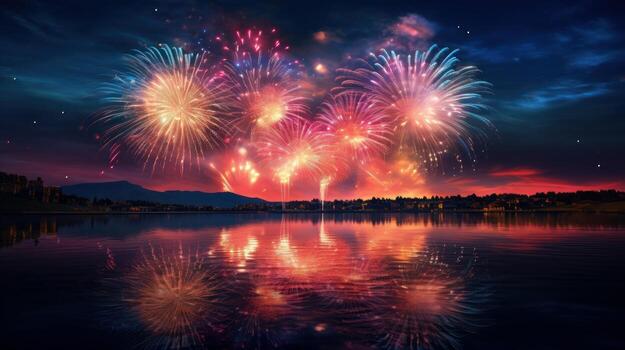 AI generated Wonderful colorful fireworks exploding on night sky backgroundwith free space for design, Happy new year or holiday celebration photo