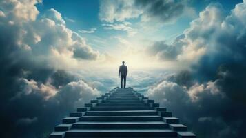 AI generated Businessman standing on top of stair cloudy sky background. Business goal and success concept, achievement, leadership photo