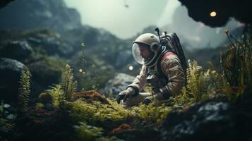 ai generado un astronauta explorador y investigando un variedad de plantas en otro planeta. Ciencias ficción, espacio foto