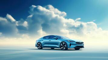 AI generated Electric vehicle car or EV car on cloudy blue sky background. Sustainable and renewable energy concept photo