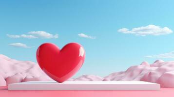 AI generated Red heart with cloudy blue sky background. Valentine's day sale banner, Happy valentines scene for products showcase photo