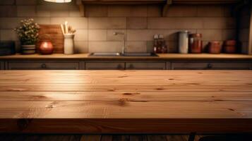AI generated Empty wooden table in the kitchen for montage product display, showcase, presentation and design photo