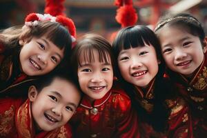 ai generado contento asiático niños celebrando chino nuevo año al aire libre foto