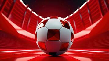 AI generated Ball on green grass in soccer stadium, Football banner illustration. Soccer field photo