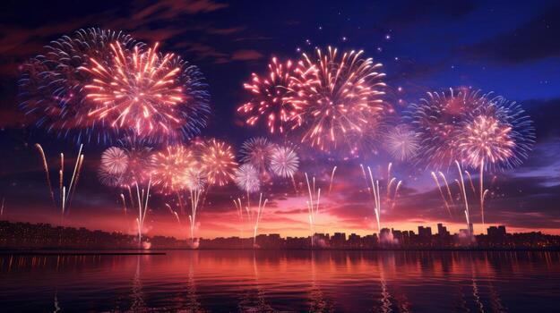 AI generated Wonderful colorful fireworks exploding on night sky backgroundwith free space for design, Happy new year or holiday celebration photo