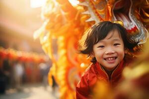 ai generado contento asiático niño celebrando chino nuevo año al aire libre foto