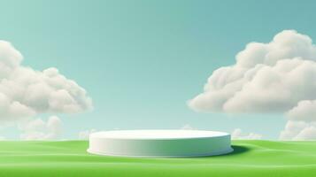 AI generated Empty podium for cosmetic showcase, scene for product exhibition, display, presentation. green field and blue sky background photo
