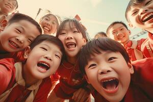 ai generado contento asiático niños celebrando chino nuevo año al aire libre foto