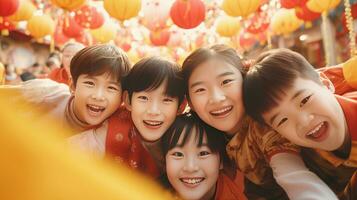 ai generado contento asiático niños celebrando chino nuevo año al aire libre foto