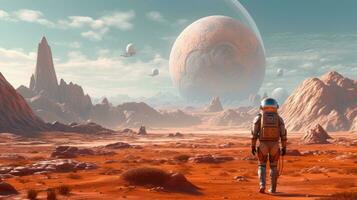 AI generated An astronaut exploring the moon. Science fiction, Space exploration, Planet universe photo