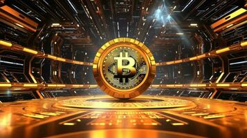 AI generated Golden bitcoin background. Cryptocurrency trading, Financial investment concept, Digital money blockchain technology photo