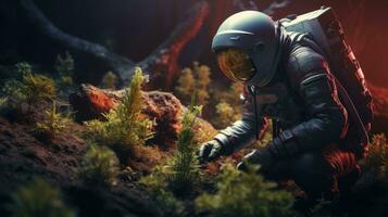 AI generated An astronaut exploring and researching a variety of plants on other planet. Science fiction, Space photo